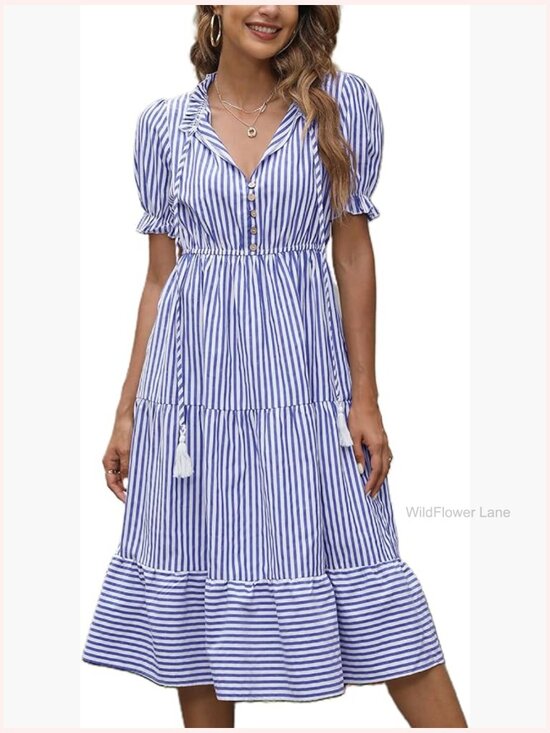 Dresses & Skirts - Women's Summer Ruffle Puff Sleeve V-Neck High Waist Midi Striped Dress